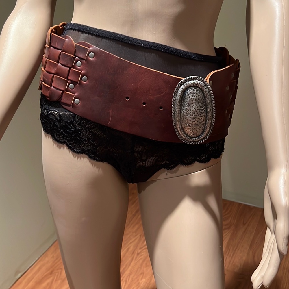 Wide Woven Leather Belt With Large Oval Silver Buckle